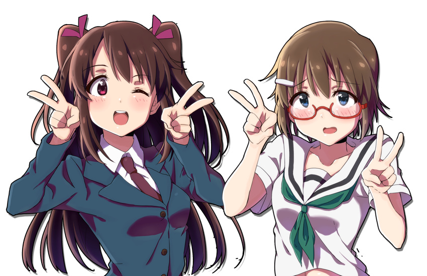 2girls blue_eyes blush brown_hair glasses long_hair original purple_eyes rariemonn seifuku short_hair twintails white wink