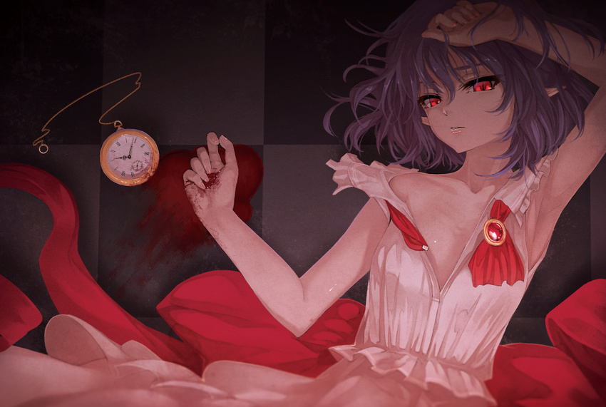 blood dress ibuki_notsu no_bra open_shirt pointed_ears purple_hair red_eyes remilia_scarlet short_hair touhou vampire