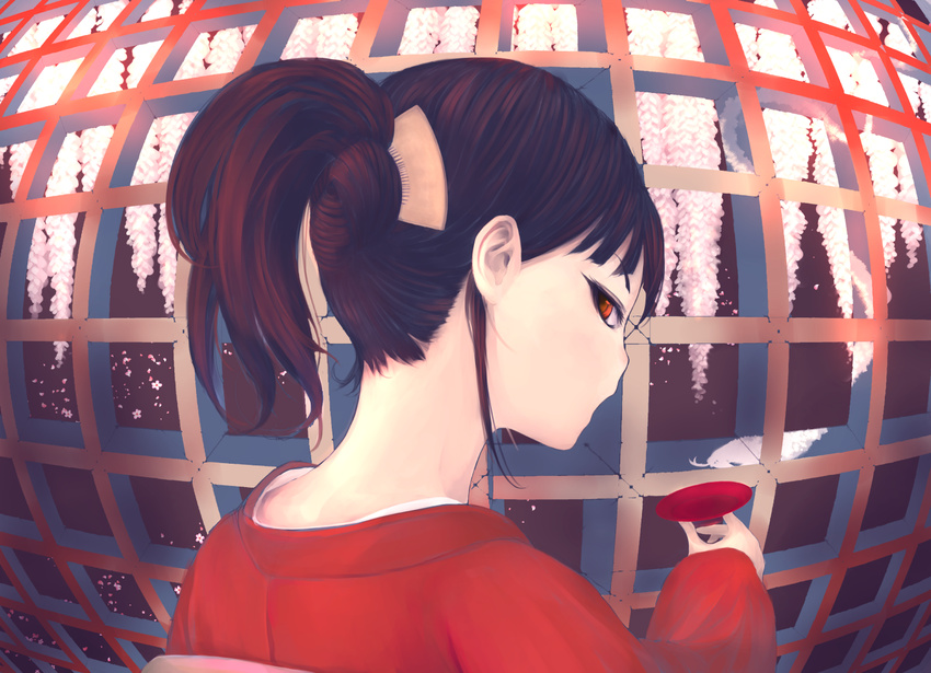 black_hair drink japanese_clothes kemeko kimono original ponytail red_eyes