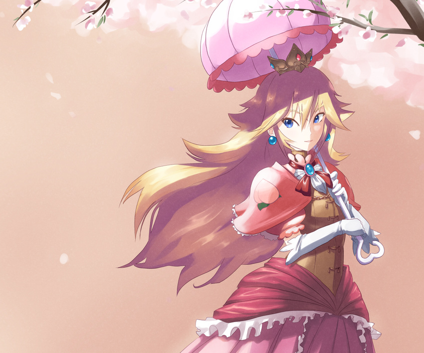 blonde_hair blue_eyes cherry_blossoms cropped crown dress elbow_gloves john_su long_hair nintendo princess_peach super_mario umbrella