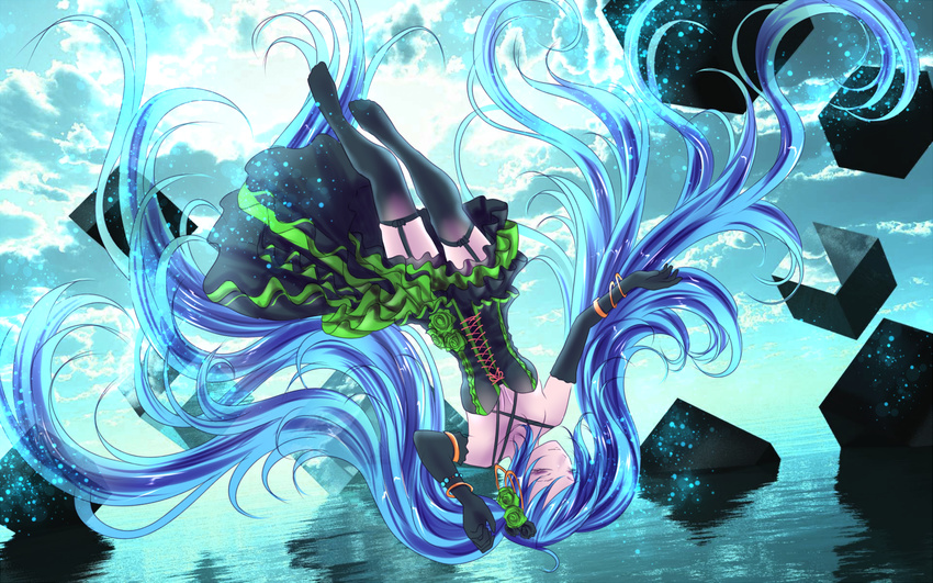 blue_hair hatsune_miku long_hair stockings twintails vocaloid water yusuke