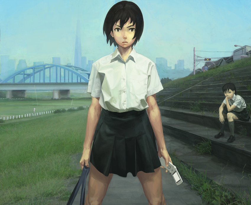 black_hair brown_eyes building cropped grass kneehighs nababa open_shirt original phone scenic seifuku shirt skirt stairs