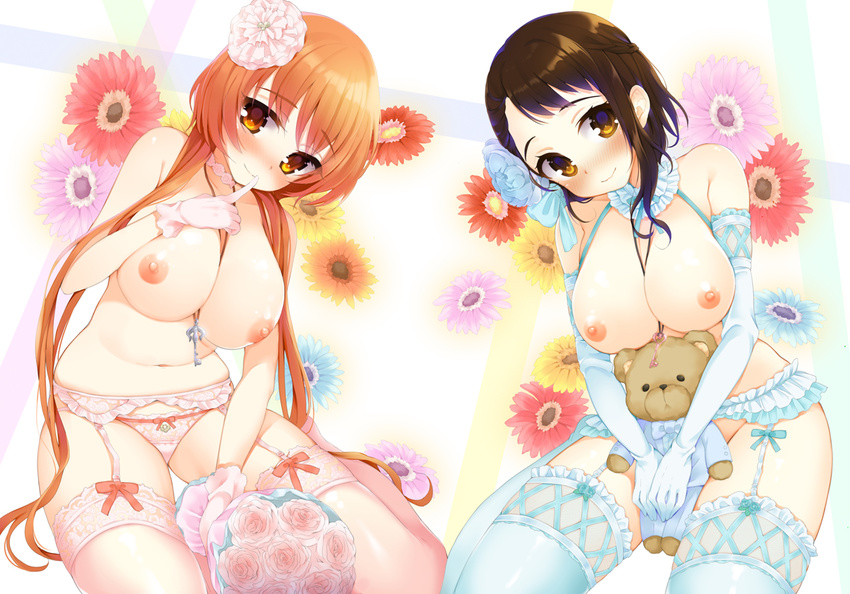 2girls blush breasts brown_hair elbow_gloves flowers garter_belt gloves hym9594 long_hair necklace nipples nisekoi no_bra onodera_kosaki orange_eyes orange_hair panties short_hair tachibana_marika teddy_bear thighhighs underwear yellow_eyes