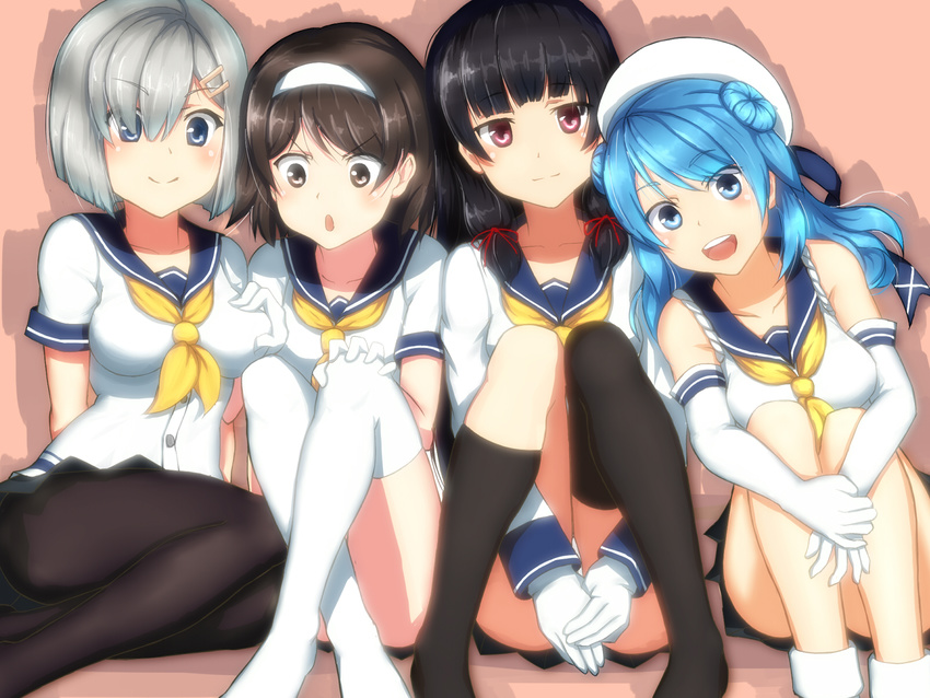 aqua_hair black_hair blue_eyes breast_grab brown_eyes brown_hair elbow_gloves gloves gray_hair group hamakaze_(kancolle) headband isokaze_(kancolle) kantai_collection kneehighs long_hair pantyhose red_eyes seifuku short_hair tanikaze_(kancolle) tarumi thighhighs urakaze_(kancolle)