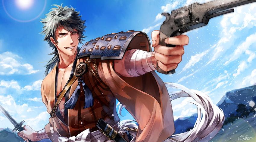 armor black_hair cloud cloudy_sky day grin gun handgun holding holding_weapon igote japanese_armor japanese_clothes lens_flare male_focus mountain mutsu-no-kami_yoshiyuki otani_(gloria) pistol shoulder_armor sky smile sode solo sun sword teeth touken_ranbu weapon