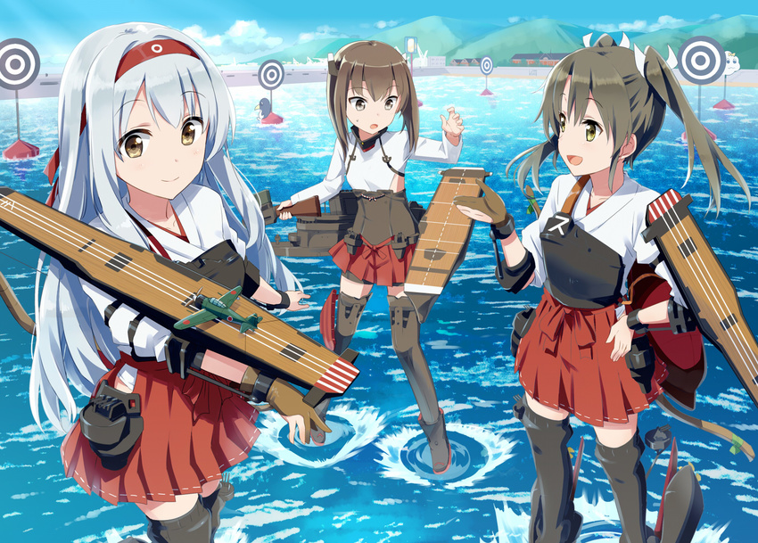 anthropomorphism ayuya_naka_no_hito brown_eyes brown_hair building clouds fairy_(kancolle) gochou_(kedama) kantai_collection shoukaku_(kancolle) sky taihou_(kancolle) twintails water white_hair yellow_eyes zuikaku_(kancolle)