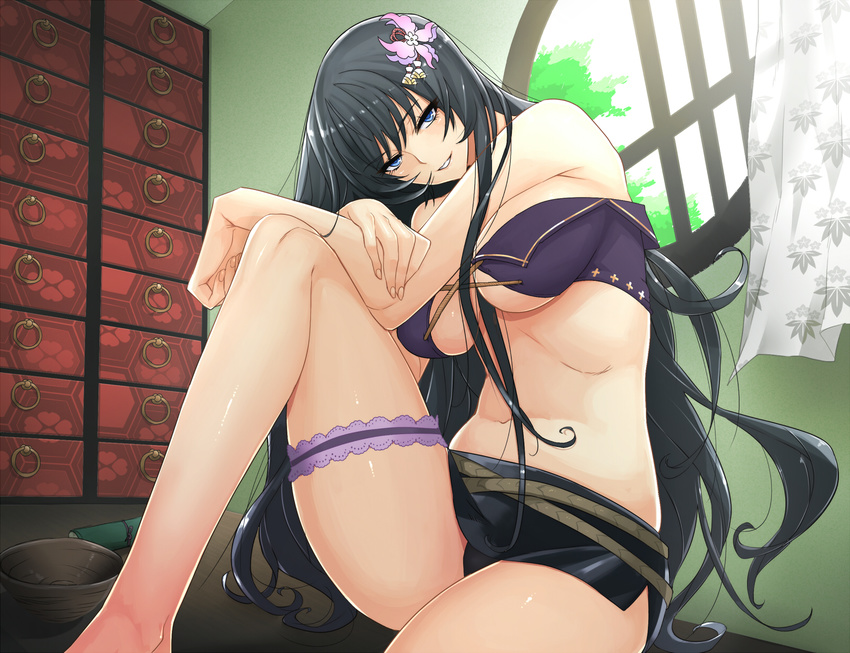 angelo_(gomahangetsu) black_hair breasts garter long_hair navel sengoku_bushouki_muramasa underboob