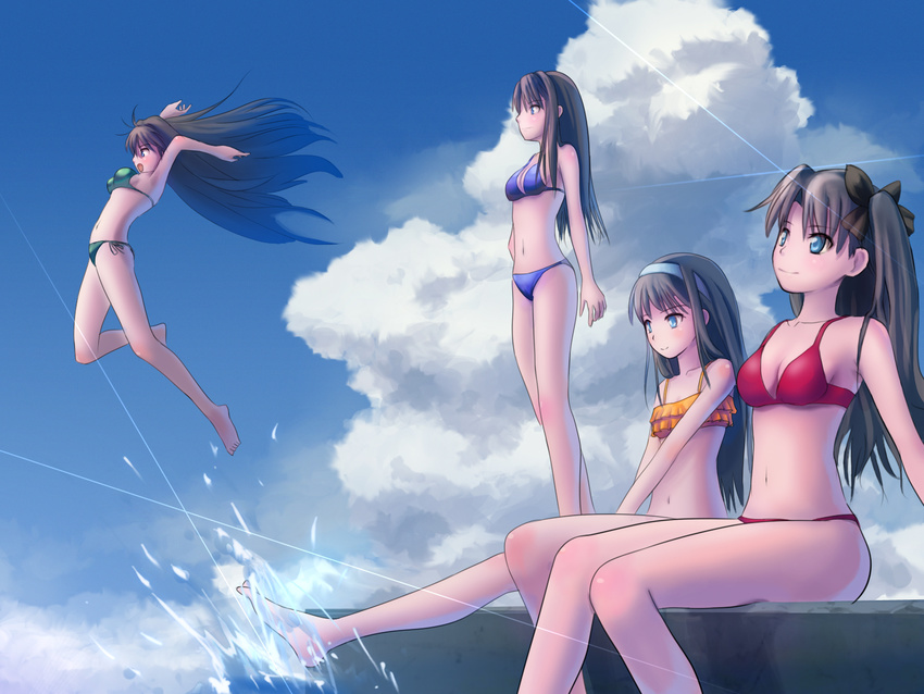 amema aozaki_aoko barefoot bikini black_hair clouds crossover fate/stay_night green_eyes group headband kara_no_kyoukai kokutou_azaka long_hair mahou_tsukai_no_yoru shingetsutan_tsukihime sky swimsuit tohno_akiha tohsaka_rin twintails water