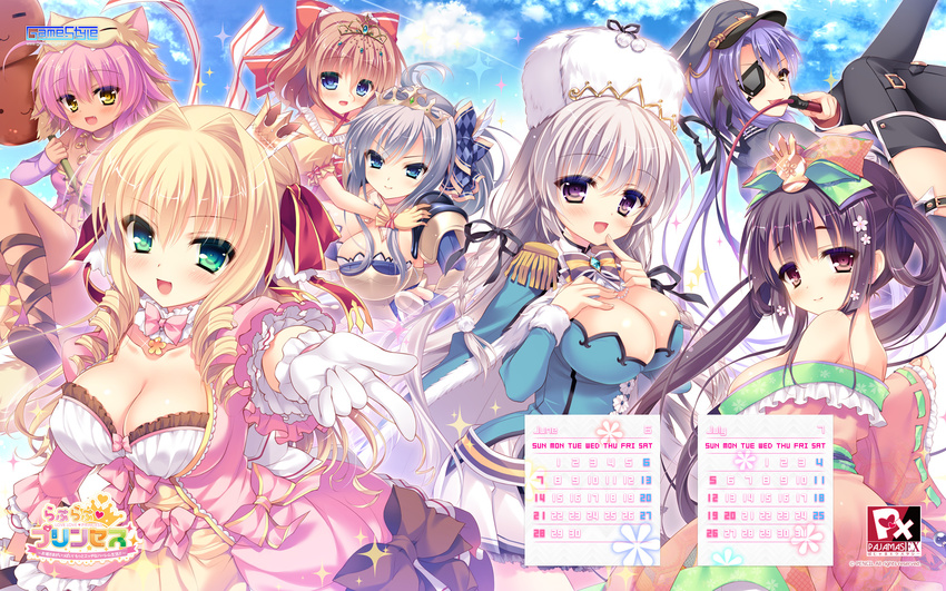 armor breast_hold breasts calendar cleavage dress eyepatch game-style garter japanese_clothes love_love_princess no_bra open_shirt rubi-sama tagme_(character) thighhighs uniform weapon