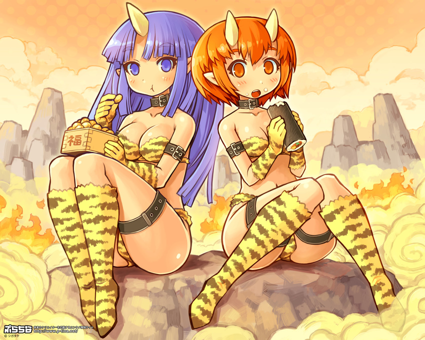 animal_print beans bikini blue_eyes blue_hair breasts cleavage cloud collar eating ehoumaki fire food gloves horns kneehighs makizushi masu medium_breasts multiple_girls oni orange_eyes orange_hair original pointy_ears setsubun shigatake sitting socks sushi swimsuit tiger_print wallpaper