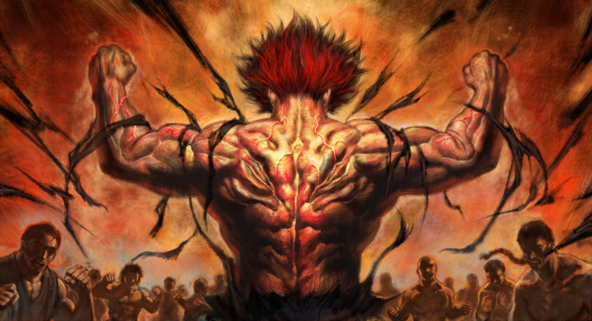 aura back battle diolemonde grappler_baki hanma_yuujirou highres male_focus manly multiple_boys muscle red_hair solo_focus surrounded veins you_gonna_get_raped