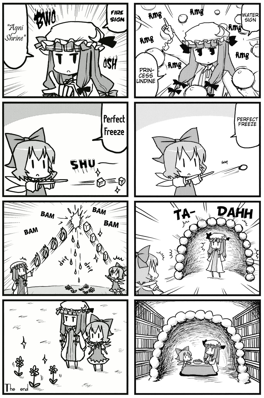 4koma battle bow cirno comic dai-oki danmaku fire flower greyscale hard_translated highres ice kotatsu monochrome multiple_4koma multiple_girls mundane_utility patchouli_knowledge perfect_freeze spell_card table teamwork touhou translated water_drop |_|