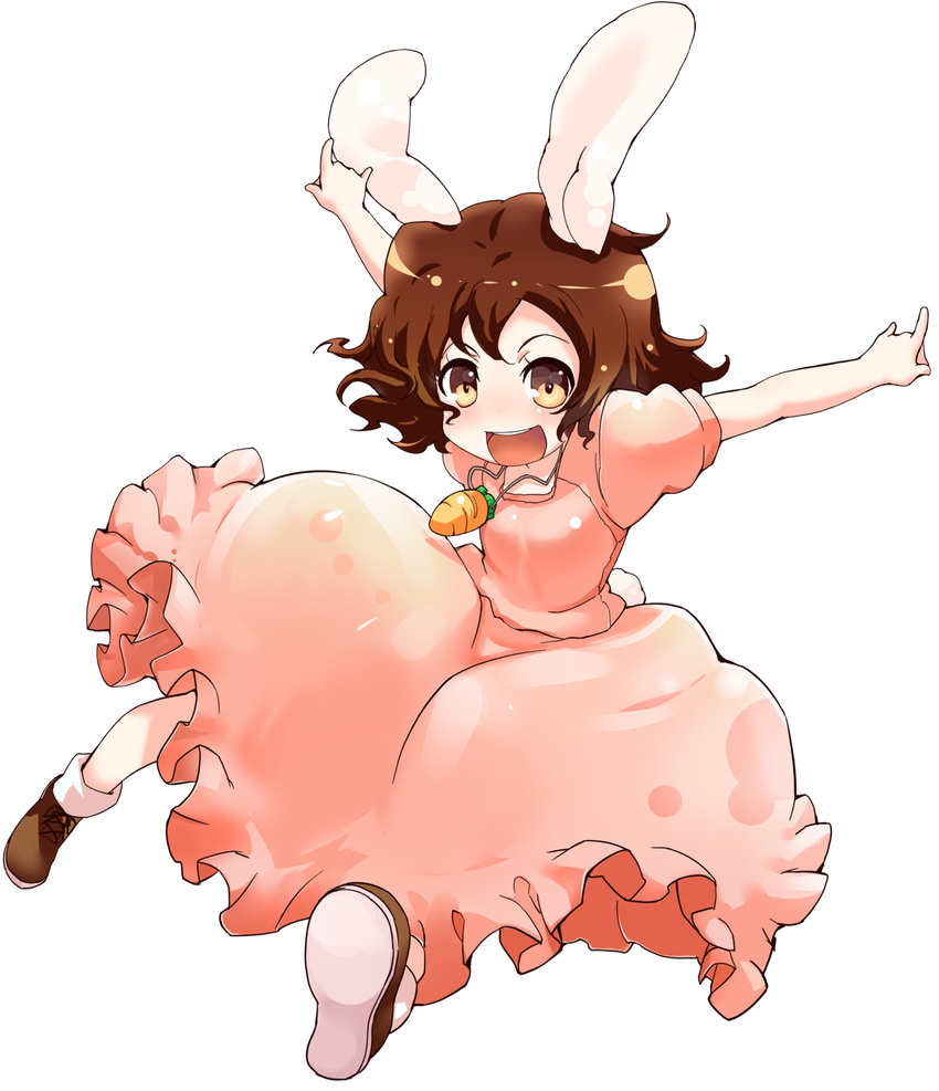 absurdres animal_ears brown_eyes brown_hair bunny_ears bunny_tail carrot carrot_necklace dress full_body highres inaba_tewi jewelry necklace pendant short_hair solo tail touhou transparent_background yuu-yuu