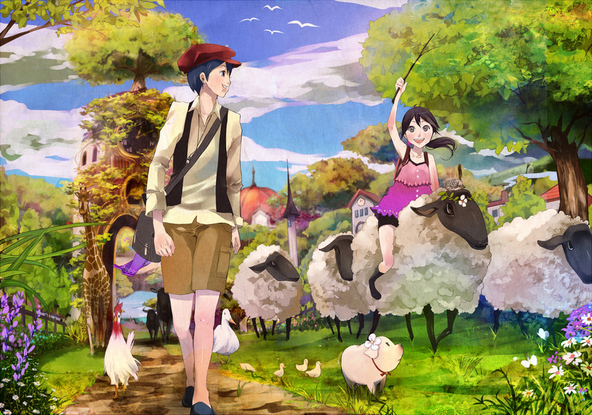 1girl bird blue_eyes blue_hair chicken duck hat highres original pig rooster sheep shigureteki tree