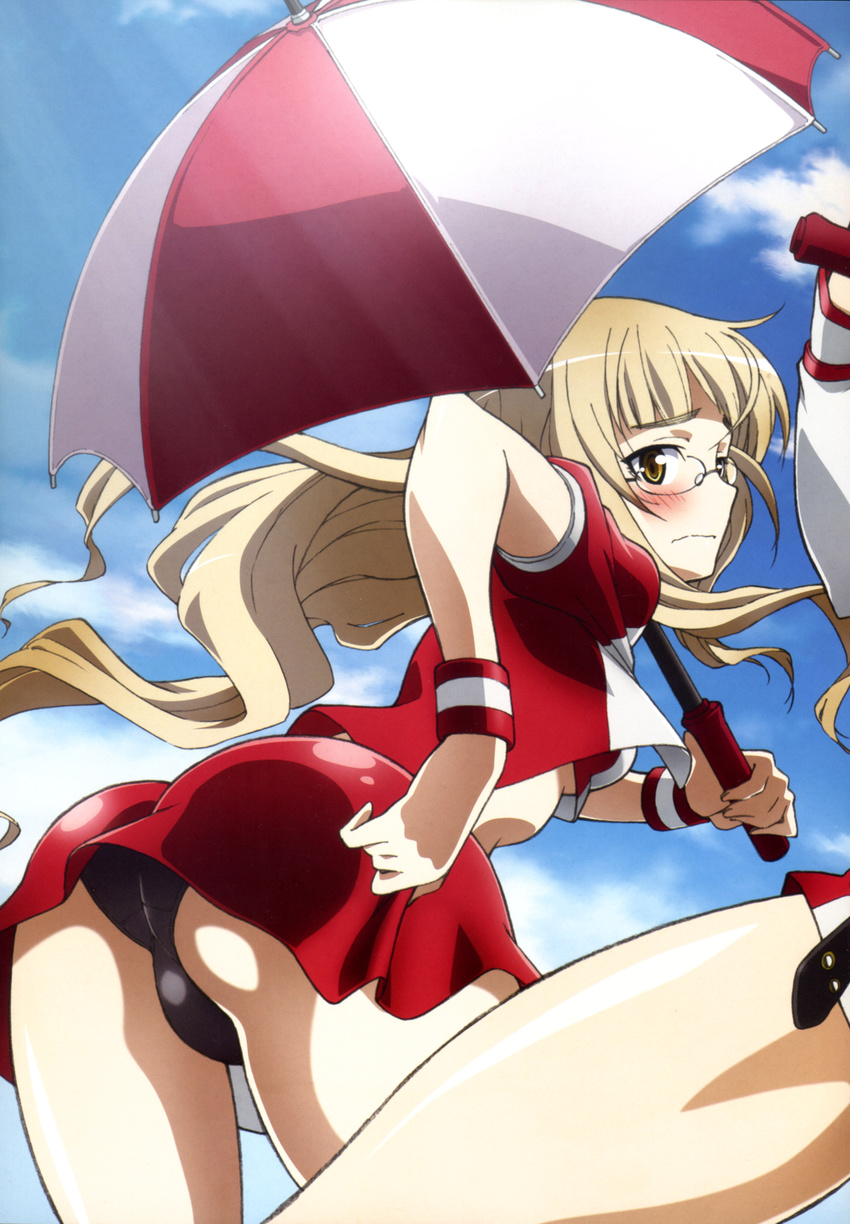 absurdres ass black_panties blonde_hair blush embarrassed glasses highres kawamura_kousuke long_hair looking_back panties pantyshot perrine_h_clostermann race_queen solo strike_witches trefoil umbrella underwear world_witches_series wristband yellow_eyes