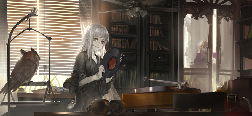 alcd animal bird book cross fan gray_hair headphones long_hair owl pixiv_fantasia yellow_eyes