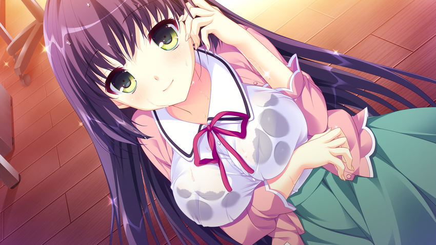 bra escu:de game_cg green_eyes kuroki_ayame long_hair panical_confusion purple_hair see_through shiwasu_horio skirt underwear wet