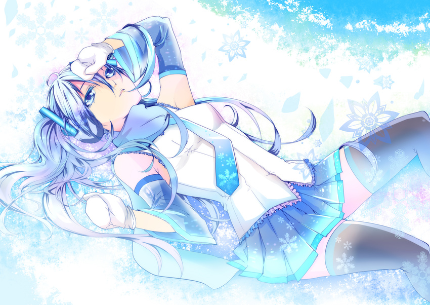 alls aqua_eyes aqua_hair gloves hatsune_miku long_hair snow thighhighs tie twintails vocaloid yuki_miku