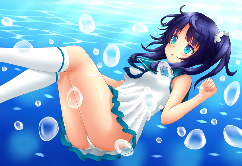 blue_eyes blue_hair bubble dress eyebrows eyebrows_visible_through_hair fast-runner-2024 highres hiradaira_chisaki kneehighs long_hair nagi_no_asukara panties school_uniform short_dress side_ponytail sleeveless solo underwater underwear white_dress white_legwear white_panties