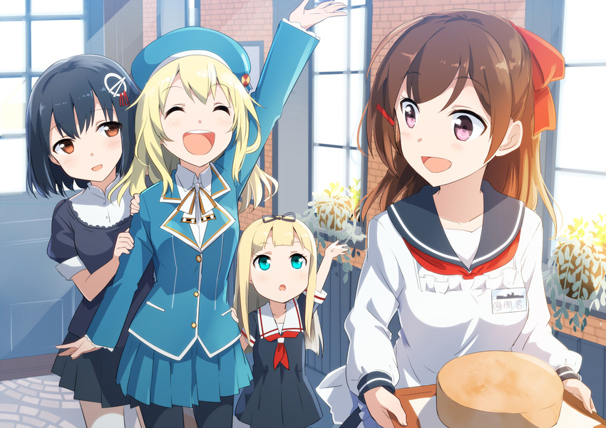 apron atago_(kancolle) black_hair blonde_hair blue_eyes blush brown_eyes brown_hair gochou_(comedia80) group haguro_(kancolle) hat kantai_collection long_hair mamiya_(kancolle) pantyhose seifuku short_hair skirt yuudachi_(kancolle)