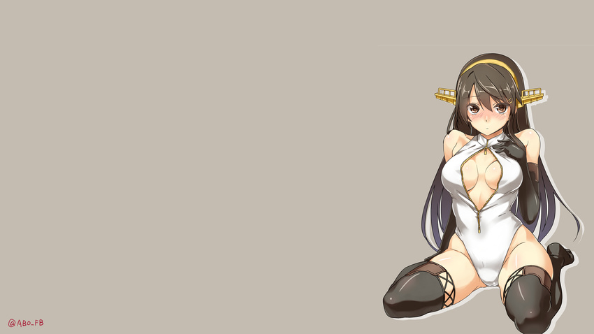 abo_(hechouchou) black_hair blush breasts brown_eyes cleavage elbow_gloves haruna_(kancolle) kantai_collection long_hair thighhighs