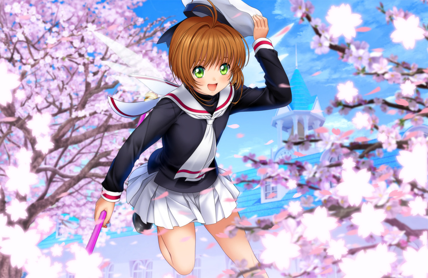 brown_hair card_captor_sakura cherry_blossoms green_eyes hat kinomoto_sakura moonknives seifuku short_hair