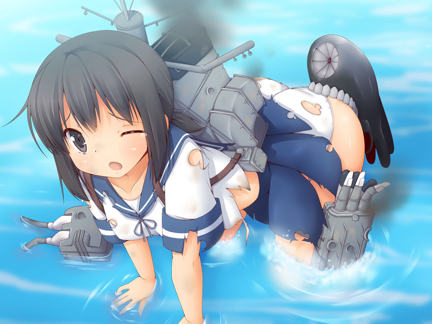 ass ass_grab black_eyes black_hair fubuki_(kancolle) kantai_collection panties torn_clothes underwear wet yuzuki_kei