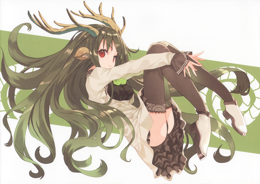 animal_ears brown_hair dress horns long_hair original panties red_eyes scan shirabi_(life-is-free) thighhighs underwear