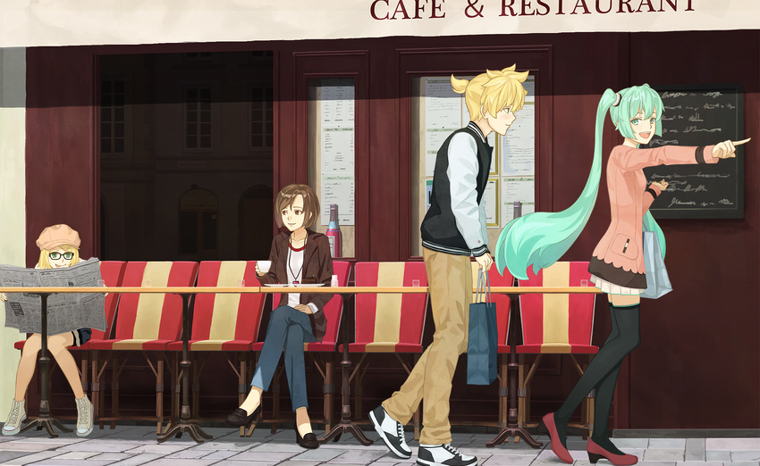 3girls aqua_eyes aqua_hair bag bespectacled black_footwear blonde_hair bottle brother_and_sister brown_eyes brown_hair brown_jacket cake carrying_bag casual chair collarbone commentary crossed_legs cup food glasses hair_ornament hairclip hand_up hat hatsune_miku high_heels highres jacket jewelry kagamine_len kagamine_rin knees_together_feet_apart loafers long_hair meiko menu_board multiple_girls necklace newspaper open_mouth pants plate pleated_skirt pointing red_footwear reflection restaurant shoes shopping_bag short_hair shorts siblings sign sitting skirt stalking sweater_vest thighhighs tongue tongue_out turu twins twintails very_long_hair vocaloid white_footwear window wine_bottle
