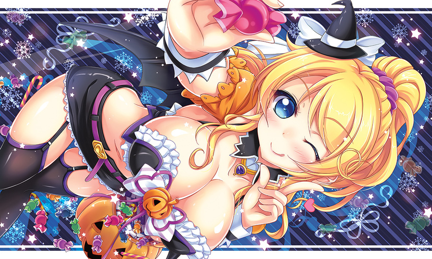 ayase_eri blonde_hair blue_eyes blush breasts candy cleavage halloween hat love_live!_school_idol_project navel skirt thighhighs vashaps2 wink witch_hat