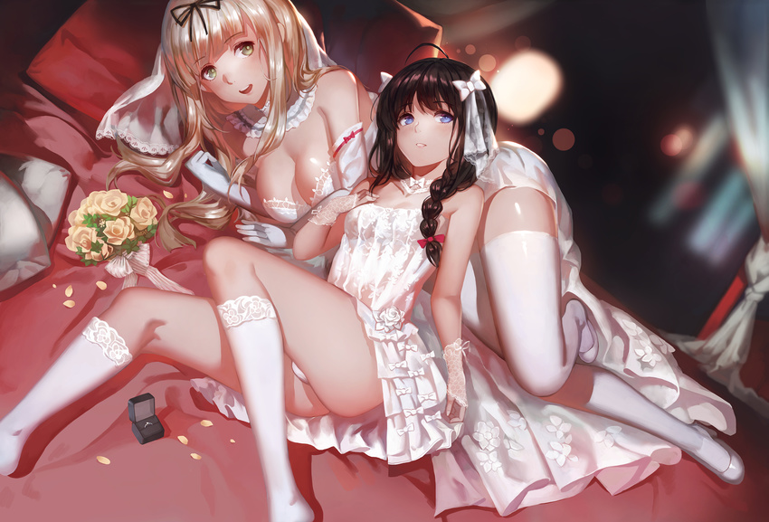 2girls bed black_hair blonde_hair blue_eyes bow braids breasts choker cleavage dress elbow_gloves flowers green_eyes headdress kantai_collection kneehighs long_hair panties petals ribbons rose shigure_(kancolle) thighhighs underwear wedding_attire wristwear yuudachi_(kancolle) yykuaixian