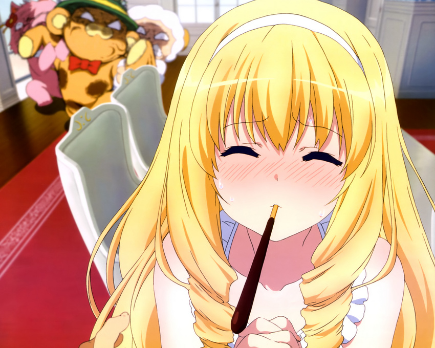 amagi_brilliant_park blonde_hair blush headdress latifah_fleuranza long_hair macaron moffle pocky scan tiramii