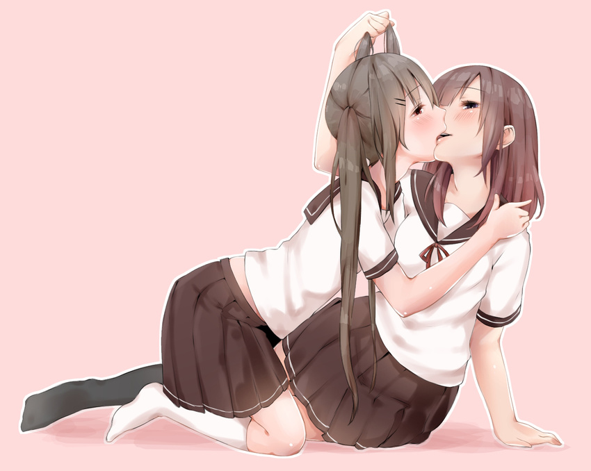 2girls black_hair blush brown_hair kiss long_hair original pink rima_(rimarip) seifuku skirt socks yuri