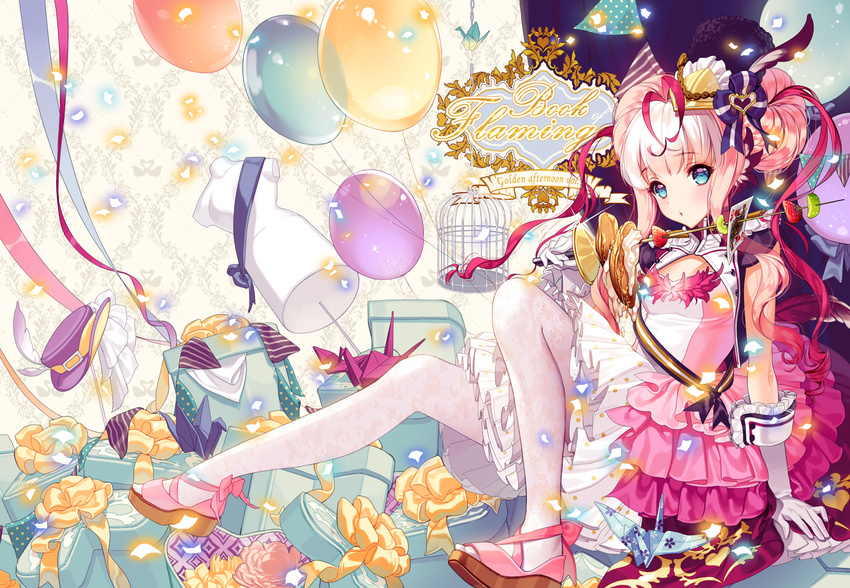 blue_eyes cage cherrypin dress elbow_gloves food headdress original pantyhose pink_hair