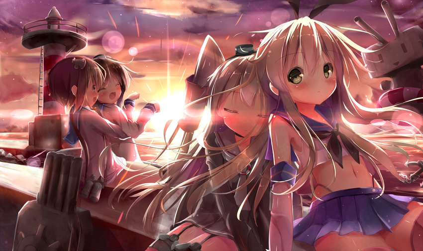 amatsukaze_(kancolle) blonde_hair blush brown_hair fang gray_hair green_eyes group kantai_collection lighthouse long_hair navel rensouhou-chan seifuku shimakaze_(kancolle) short_hair skirt sleeping sunset tokitsukaze_(kancolle) water yonjyuugo yukikaze_(kancolle)