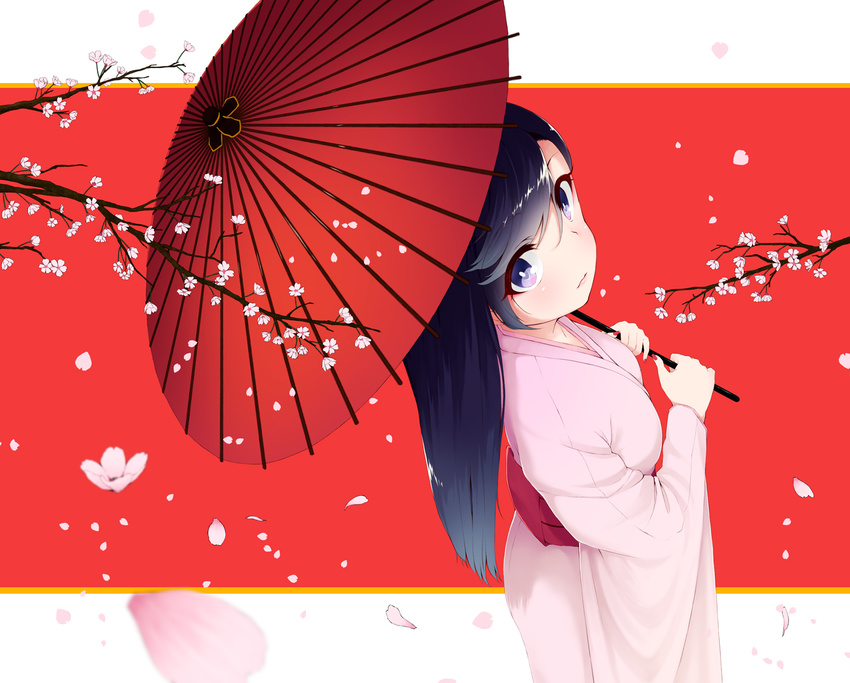 black_eyes black_hair blush cherry_blossoms japanese_clothes long_hair original petals tear umbrella yukata