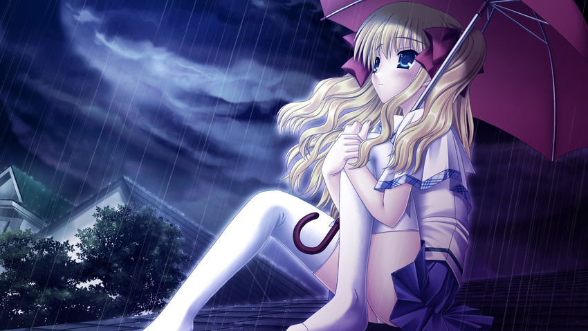 asuka_pyon blonde_hair blue_eyes bow claire_(sin_kuro) long_hair panties rain seifuku sin_kuro_to_kiiro_no_shoujo skirt thighhighs twintails umbrella underwear water