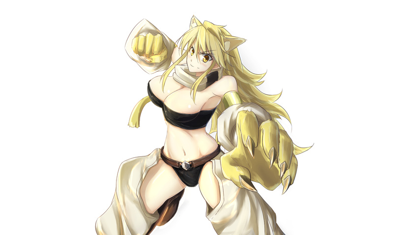 akame_ga_kill! animal_ears blonde_hair breasts catgirl cleavage karoro3rd leone long_hair navel scarf white yellow_eyes