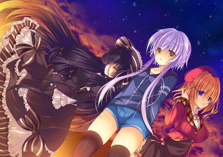 animal black_hair blue_eyes brown_eyes cat dress goth-loli hat hirakase_mitsuki hirakase_yuika lolita_fashion long_hair mishio_sora orange_hair psycho_logic_love_comedy purple_hair shorts stars suzune_rena thighhighs