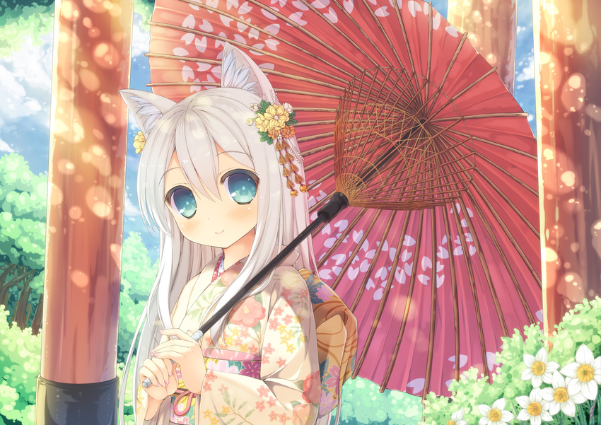 animal_ears blue_eyes foxgirl gray_hair japanese_clothes kimono long_hair original taiki_ken umbrella