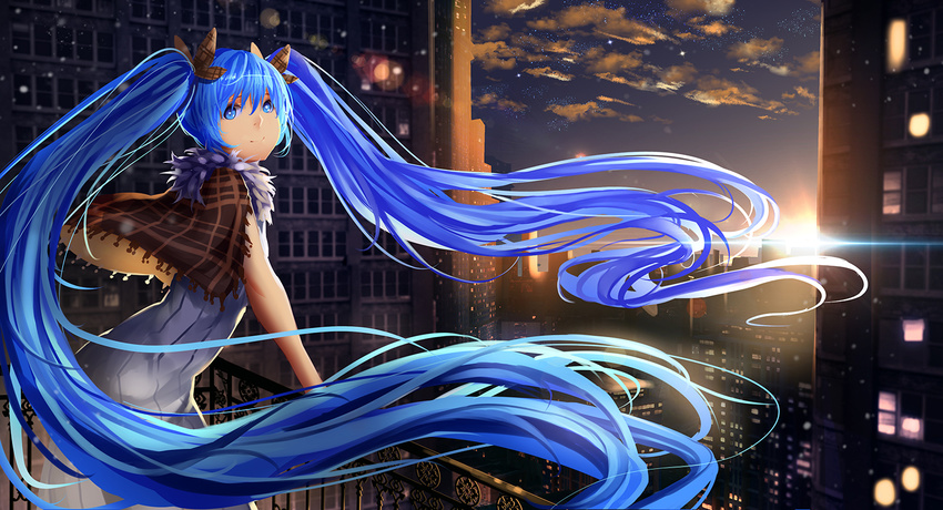 blue_eyes blue_hair building city clouds dress hatsune_miku kote-sensei long_hair twintails vocaloid