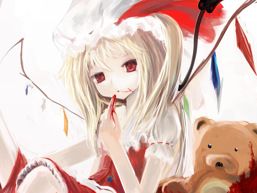 blonde_hair blood flandre_scarlet hat helrouis long_hair red_eyes teddy_bear touhou vampire wings