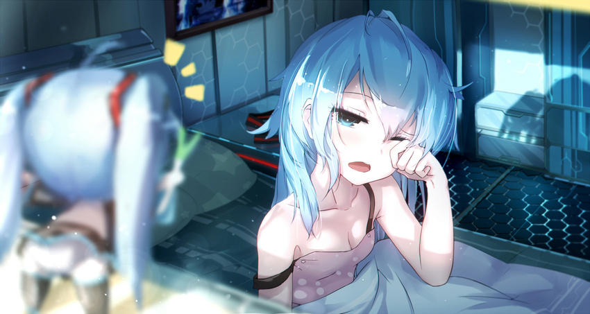 aqua_eyes aqua_hair bai_yemeng bed breasts cleavage hachune_miku hatsune_miku long_hair no_bra vocaloid wink