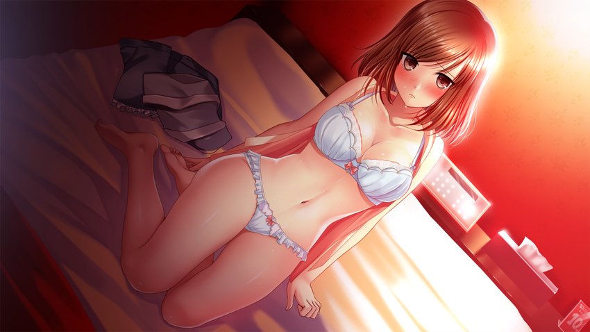 bed blush bra brown_hair game_cg himawari_to_koi_no_kioku kazuharu_kina oginohama_akane panties short_hair underwear