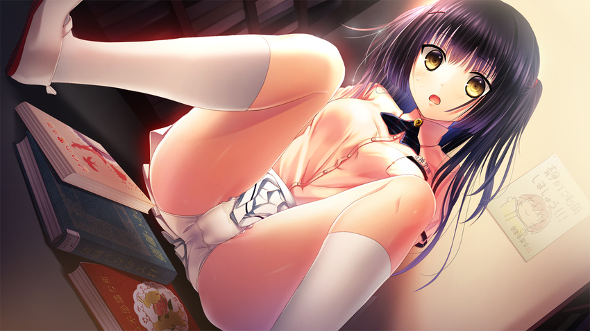 black_hair blush book game_cg hebita_shiori himawari_to_koi_no_kioku kazuharu_kina kneehighs panties seifuku underwear yellow_eyes