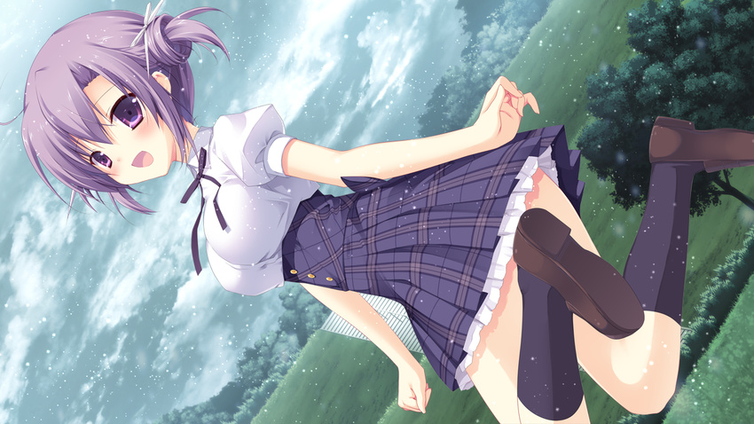 clouds fuyutsuki_kona game_cg izayoi_no_fortuna miyasaka_miyu purple_eyes purple_hair short_hair sky tree