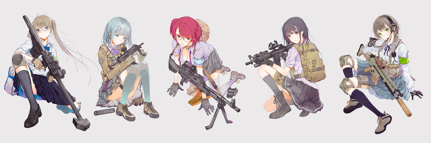 fuyuno_haruaki glasses gray gun headphones original seifuku skirt thighhighs weapon