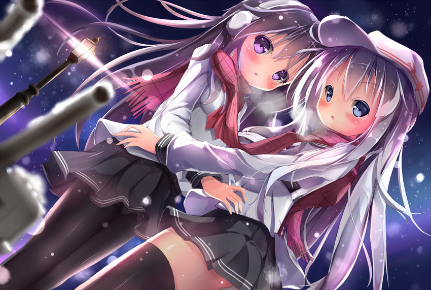 2girls akatsuki_(kancolle) blue_eyes blush hat hibiki_(kancolle) kantai_collection long_hair pantyhose purple_eyes scarf skirt thighhighs verniy_(kancolle) yonjyuugo