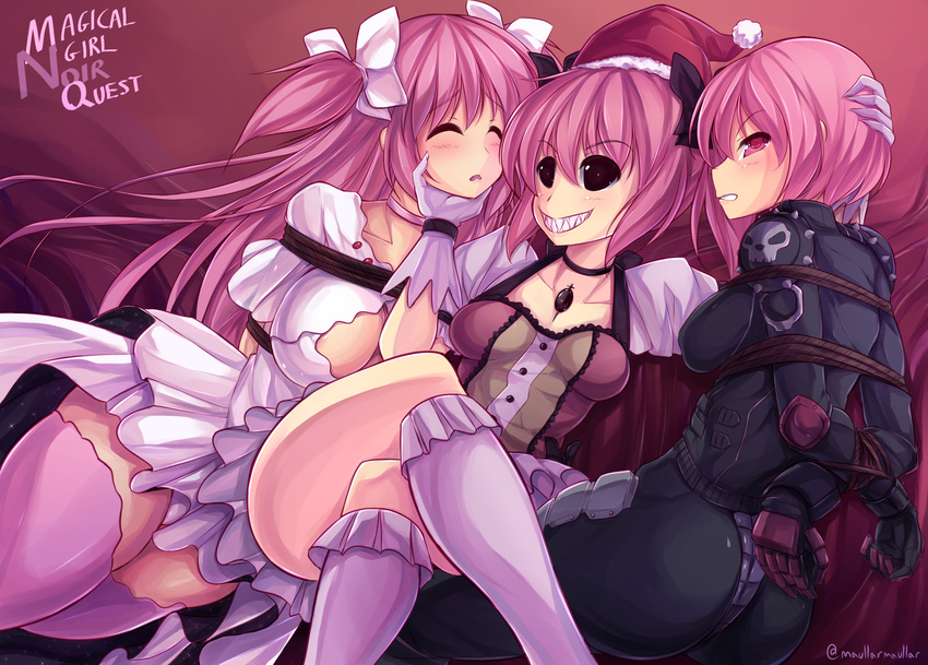 arms_behind_back bdsm biker_clothes black_sclera bodysuit bondage bound box_tie breasts commentary crossed_legs english_commentary femdom girl_sandwich hat highres kaname_madoka kneehighs large_breasts magical_girl magical_girl_noir_quest mahou_shoujo_madoka_magica maullarmaullar multiple_girls multiple_persona original pink_hair pink_legwear quad_tails rope sandwiched santa_hat sharp_teeth shoulder_pads spikes teeth thighhighs ultimate_madoka wince