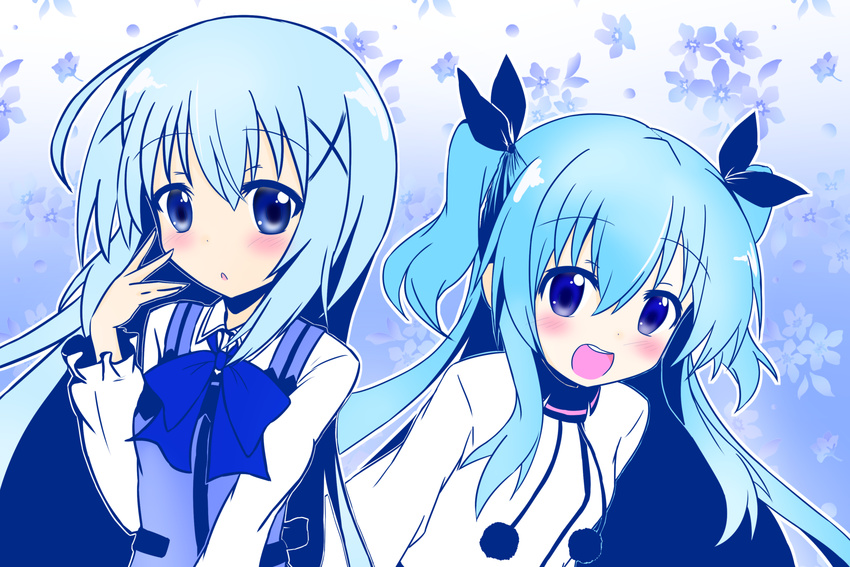 absurdres blue_eyes blue_hair gochuumon_wa_usagi_desu_ka? hair_ornament hair_ribbon highres kafuu_chino long_hair minase_inori multiple_girls noel_(sora_no_method) rabbit_house_uniform ribbon seiyuu_connection sora_no_method twintails x_hair_ornament yasaka_(astray_l)